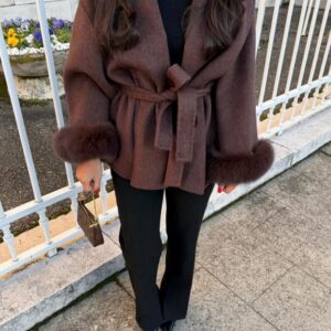 Furry Sleeves Overcoat Long Coat - Reddish Brown, M