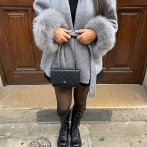 Furry Sleeves Overcoat Long Coat - Light Gray, L